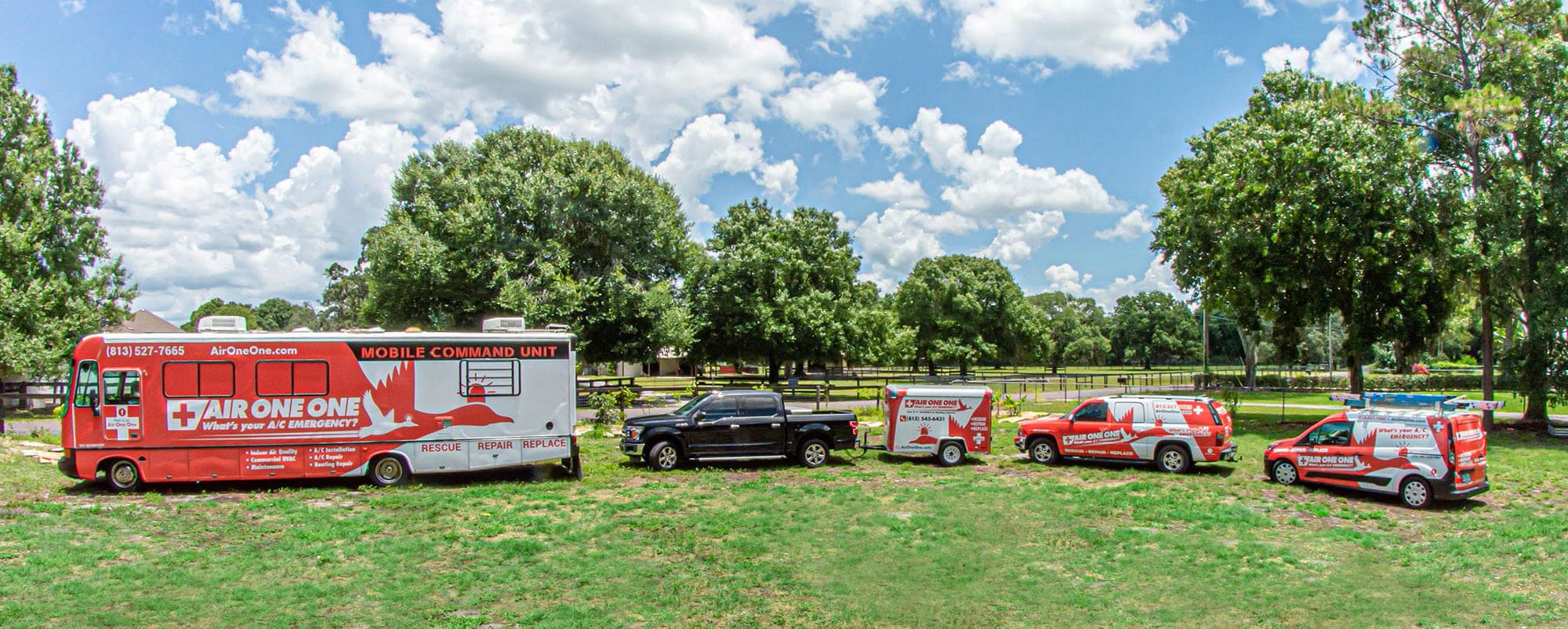 The Air One One fleet — Mobile Command Unit, trucks, and trailer